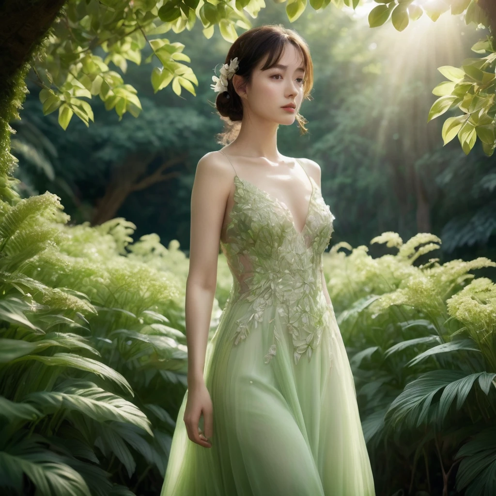 A stunningly detailed and cinematic portrait of a beautiful young woman wearing an exquisite, ethereal dress made of delicate orchid petals. The dress shimmers in the soft, dappled sunlight that filters through the lush green foliage, casting a warm, golden glow. In the background, there are branches laden with fresh cherries, and the shady environment is filled with large, vibrant green leaves. The volumetric lighting enhances the depth and detail of the scene, showcasing the intricate ornate details of the dress and the remarkable texture of the surrounding wildlife. This breathtaking 32k ultra-high-definition image captures the essence of a magical, enchanting forest., portrait photography, cinematic, wildlife photography