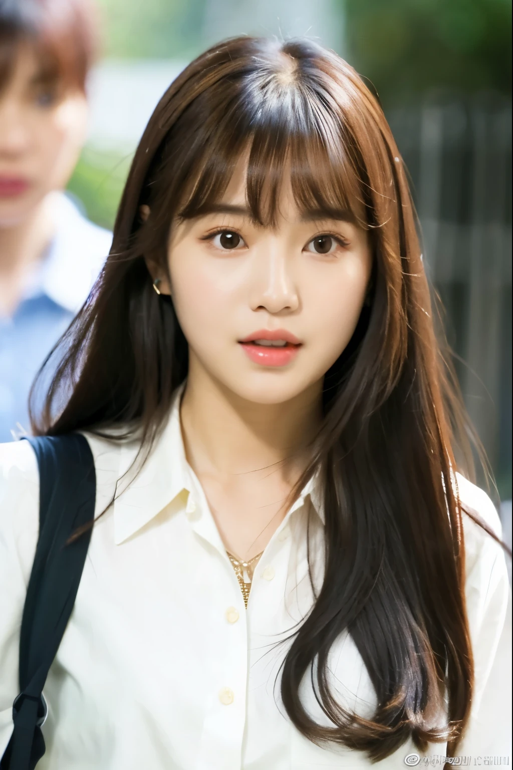 a close up of a woman with long hair and a white shirt, lalisa manobal, with bangs, lalisa manoban of blackpink, cute korean actress, center parted bangs, neat hair with bangs, park ji-min, lee ji-eun, lee ji - eun, with a brown fringe, with full bangs, hwang se - on
