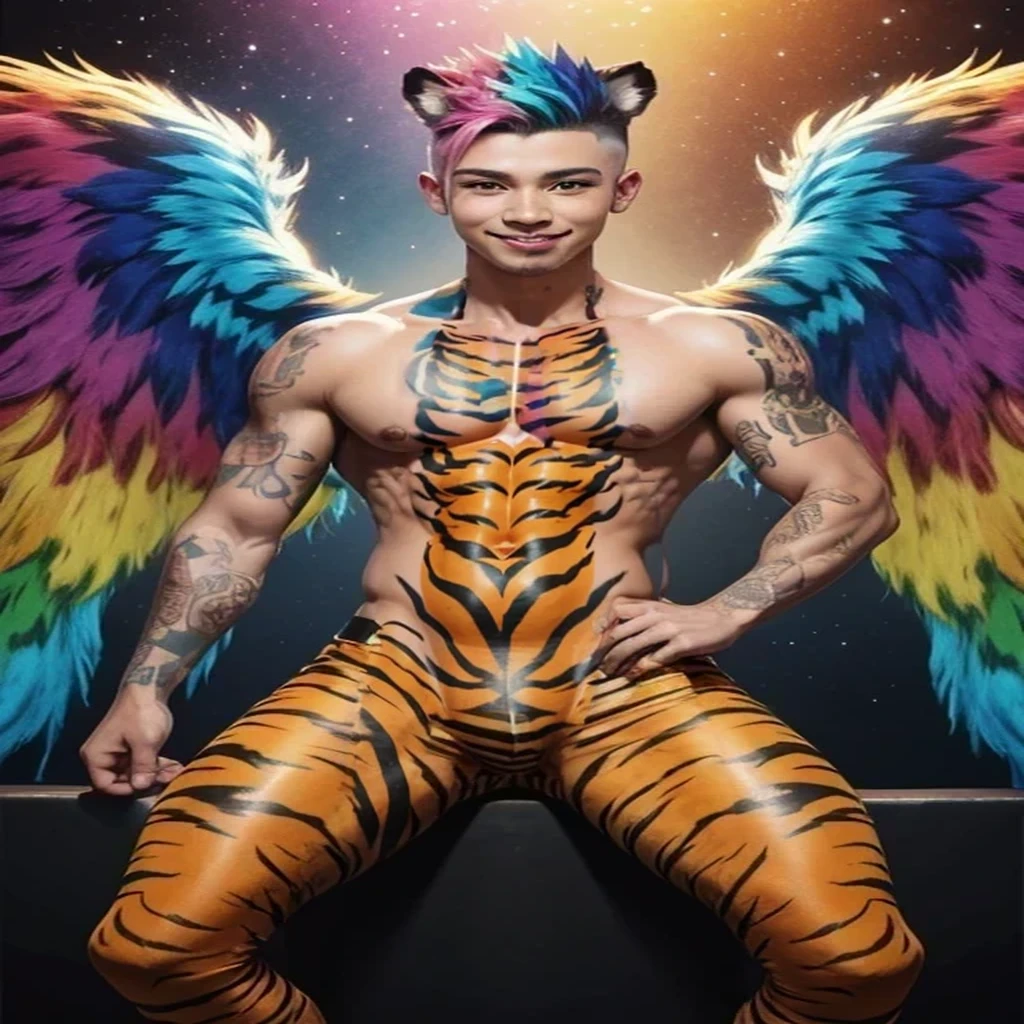very colorful tiger fur all over the body, completely colorful from head to toe, colorful angel tiger, colorful tiger stripe tattoo on whole body!!!, colorful tiger skin, striped skin, Hänfling, rainbow-Fell, Tigerfell, tiger, rainbowtiger, rainbow, more colorful