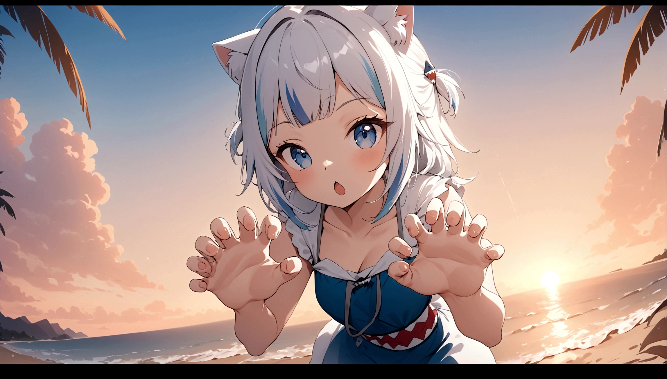 pinup girl pose, Expressiveh, masterpiece, highly detailed, anime style, close shot, dynamic pose, centered, 1girl, gawr gura, paw hands, cute pose, rawr, beach background, epic composition, epic proportion, 8K, volumetric lighting, sunset