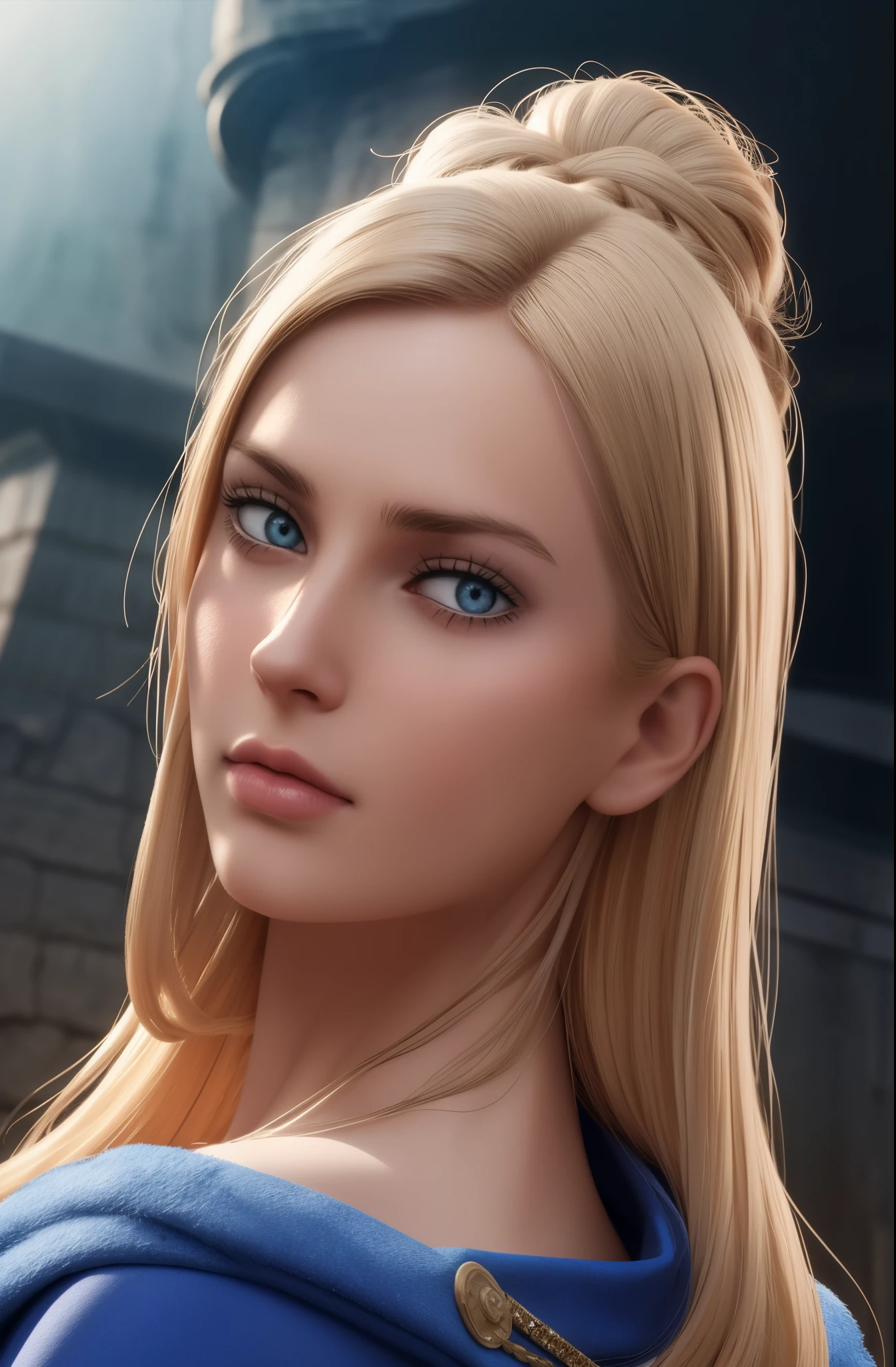 charlotte roselei, wearing blue dress with knight armor, long blonde french braid, ultra low angle camera, looking at viewer, realism, realistic skin, realistic hair, realistic eyes, skin pores, cinematic, ultra HD, 8k, focus lens camera, seductive pose, serious, blushing, foreshortening, tall, slender body, blue eyes, blue cloak castle background, purple eyes, very beautiful face