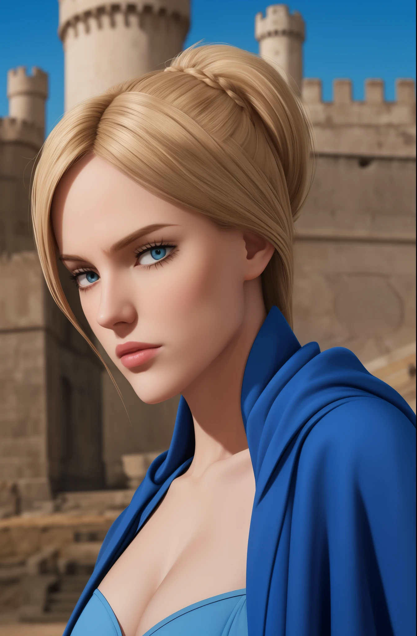 charlotte roselei, wearing blue dress with armor, long blonde french braid, ultra low angle camera, looking at viewer, realism, realistic skin, realistic hair, realistic eyes, skin pores, cinematic, serious, blushing, foreshortening, slender body, blue eyes, blue cloak, castle background, very beautiful face