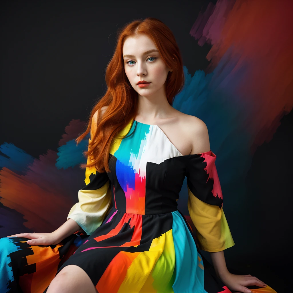 A panoramic photo featuring a woman sitting in front of a colorful, abstract background. She has shoulder-length, slightly wavy, bright orange hair that falls over her shoulders. Her face is delicate and even, with perfectly applied eye makeup and red lips. She looks directly at the camera with a pensive expression. The woman is wearing a striking, colorful dress in the style of abstract expressionism. The dress is made up of geometric shapes in bold colors like yellow, red, blue, and black. The dress has long sleeves and appears to reach her knees. Her left hand supports her face while her right arm rests loosely on her lap. The background consists of large abstract color fields in similar colors to the dress. These color fields are irregularly shaped and resemble a large-scale painting. The colors in the background harmonize with those of the dress, creating a visual connection between the woman and the background. The lighting in the image is soft and even, highlighting the woman.