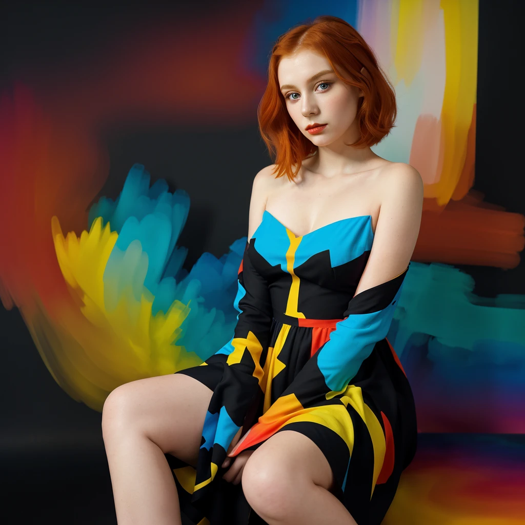 A panoramic photo featuring a woman sitting in front of a colorful, abstract background. She has shoulder-length, slightly wavy, bright orange hair that falls over her shoulders. Her face is delicate and even, with perfectly applied eye makeup and red lips. She looks directly at the camera with a pensive expression. The woman is wearing a striking, colorful dress in the style of abstract expressionism. The dress is made up of geometric shapes in bold colors like yellow, red, blue, and black. The dress has long sleeves and appears to reach her knees. Her left hand supports her face while her right arm rests loosely on her lap. The background consists of large abstract color fields in similar colors to the dress. These color fields are irregularly shaped and resemble a large-scale painting. The colors in the background harmonize with those of the dress, creating a visual connection between the woman and the background. The lighting in the image is soft and even, highlighting the woman.