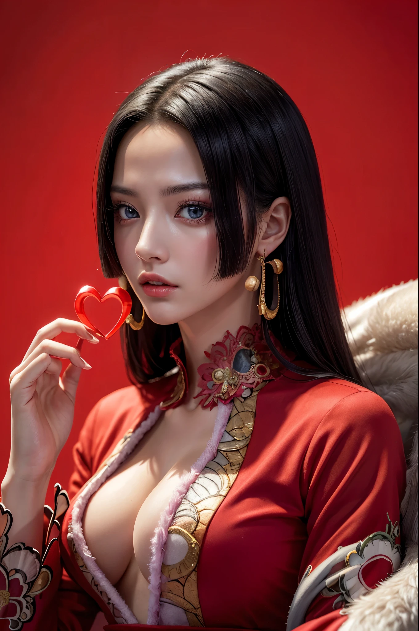 masterpiece, best quality, extremely detailed, hyperrealistic, photorealistic, a beautiful chinese model, ultra detailed face:1.2, black hair, red dress, many hearts in the air:1.1, portrait, red background