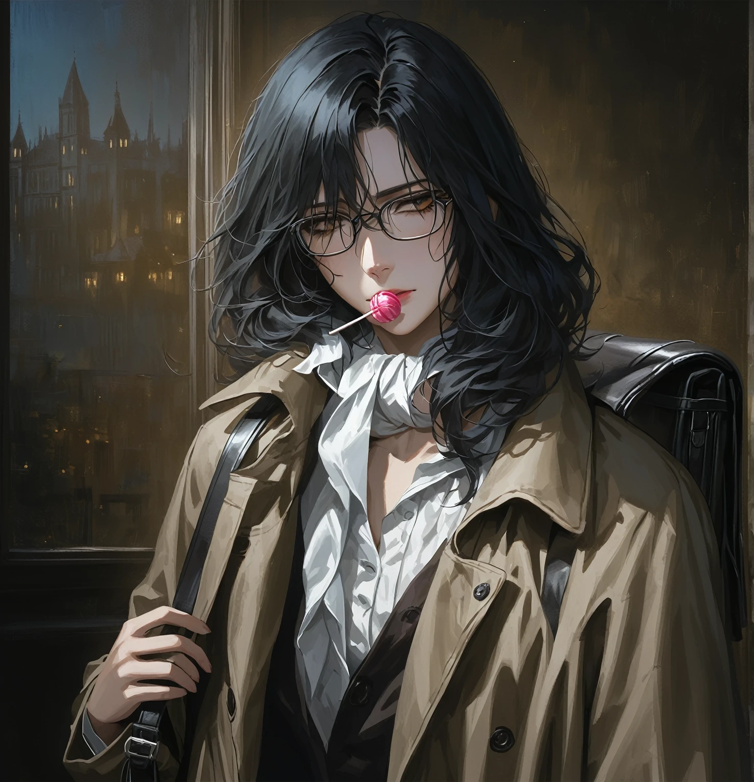((adult)), (woman), ((tall)), ((Ryoshu from Limbus company)) , masterpiece, best quality, dark aura,
((short black hair)), glasses, plain white shirt, brown coat, black pants, white kerchief with black marks around neck, carrying a robust leather bagpack, lollipop in mouth, (faint smile), realistic anime style, (oil painting), dark old manor background, night, impasto.