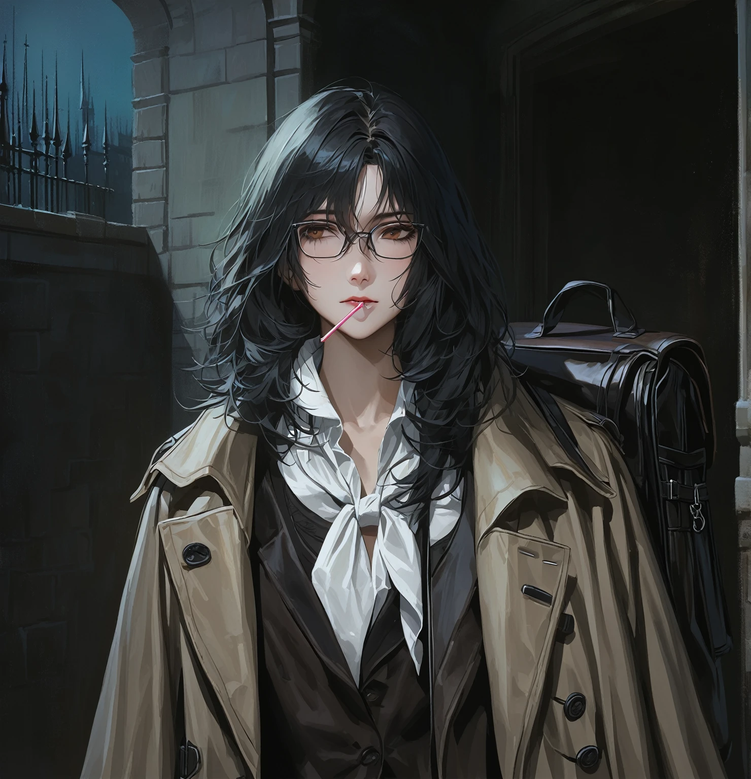 ((adult)), (woman), ((tall)), ((Ryoshu from Limbus company)) , masterpiece, best quality, dark aura,
((short black hair)), glasses, plain white shirt, brown coat, black pants, white kerchief with black marks around neck, carrying a robust leather bagpack, lollipop in mouth, (faint smile), realistic anime style, (oil painting), dark old manor background, night, impasto.