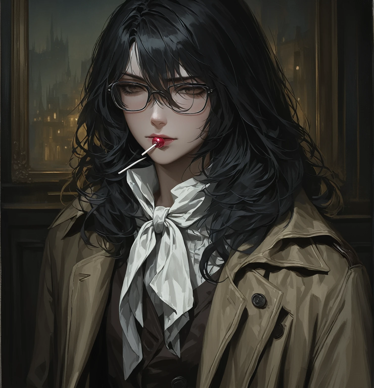 ((adult)), (woman), ((tall)), ((Ryoshu from Limbus company)) , masterpiece, best quality, dark aura,
((short black hair)), glasses, plain white shirt, brown coat, black pants, white kerchief with black marks around neck, carrying a robust leather bagpack, lollipop in mouth, (faint smile), realistic anime style, (oil painting), dark old manor background, night, impasto.