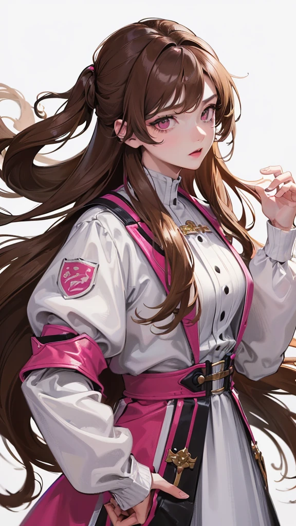 (highest resolution、different_picture)high-quality picture、female、Masterpiece、Highly detailed、semi-realistic、 pink eyes, light brown hair , 18 years old、young people、Street outfit 、exquisite face、facial features、long straight hairstyle, Various formats, pictureเหมือน, white background, half body