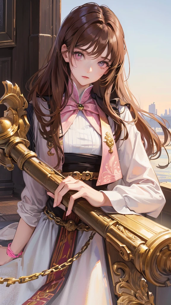 (highest resolution、different_picture)high-quality picture、female、Masterpiece、Highly detailed、semi-realistic、 pink eyes, light brown hair , 18 years old、young people、Street outfit 、exquisite face、facial features、long straight hairstyle, Various formats, pictureเหมือน, white background, half body
