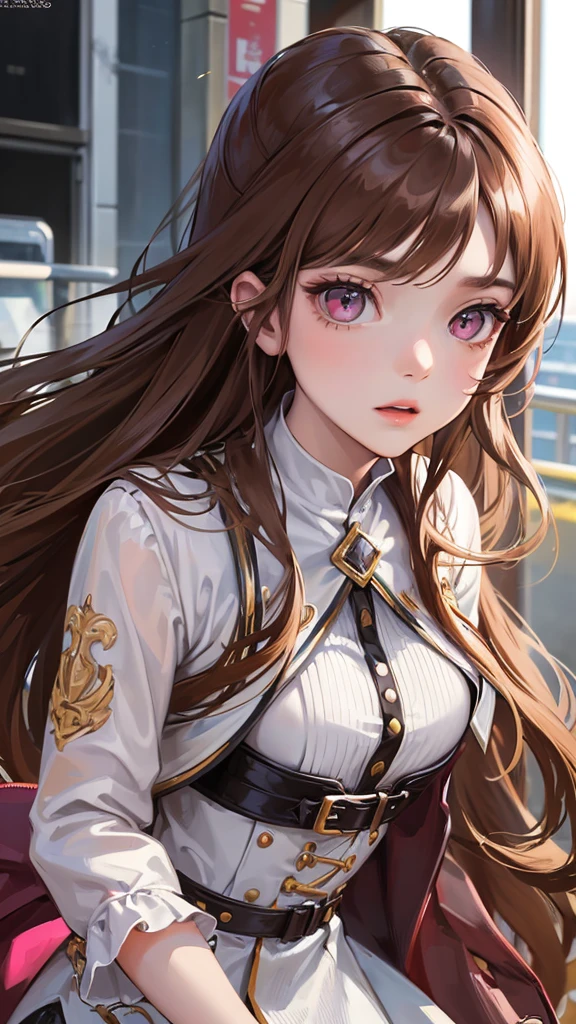 (highest resolution、different_picture)high-quality picture、female、Masterpiece、Highly detailed、semi-realistic、 pink eyes, light brown hair , 18 years old、young people、Street outfit 、exquisite face、facial features、long straight hairstyle, Various formats, pictureเหมือน, white background, half body