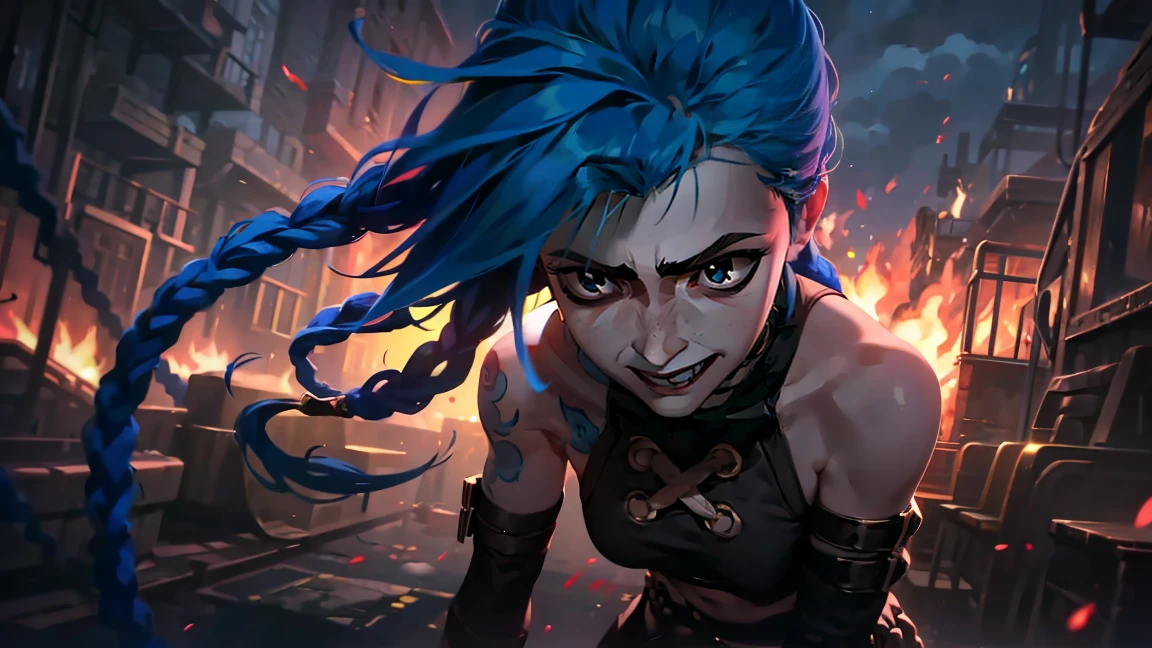 (masterpiece, Best quality), 1 girl, portrait, very sexy, crazy look, smile, crying, pink tears, tears on the cheeks, tears from eyes, full length (full body 1.1.), очень feminine, fighting stance, battle, fire, explosions, burning city, Beautiful waist, gloomy composition, flame, fire, Flash, very beautiful, feminine, long hair, hair braided in long braids, very sexy, tight leather pants, emphasis on the eyes, emphasis on the face, Beautiful face, Hands, Hair, Haired ponytail, red purple eyes, Джинкс crying, Blue cloud tattoo, (masterpiece, Best quality), Side lighting, beautiful detailed eyes, crazy face), (Best quality), (masterpiece), magic photography, Spectacular lighting, Photorealism, ultra detailed, интимная portraitная композиция, 1. 4,8 k UHD, aesthetic, Cd., A high resolution, 8 k, better lighting, Best shade, Ultra-HD, A high resolution, sharp focus, Complex background, Cinematic lighting, ((Landscape view)), 4K block, (better lighting), ((Cinematic lighting)),
