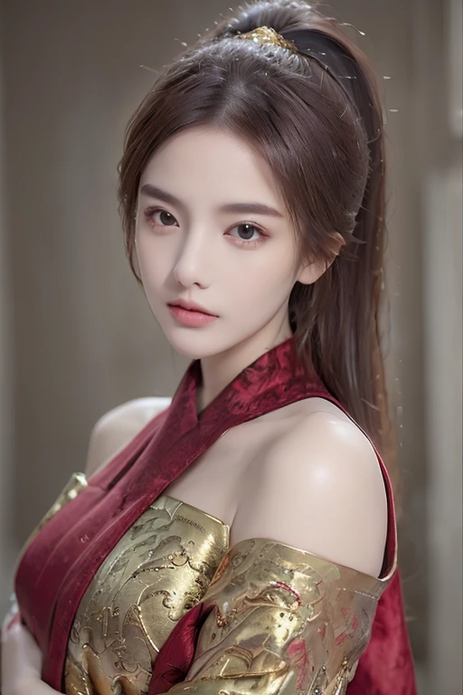 ((You are a beautiful woman., dark red hair, red mouth, High nose, big breastsมาก, Fei Yu_robes, red cloth, Gold Embroidery， black embroidered gold, big breasts, high ponytail，long hair, depth of field, สาวสวยกับdetailsที่สวยงาม, European face, ดวงตาและใบหน้าที่Very detailed，detailsrobesเยอะ, ดวงตาพร้อมdetailsที่สวยงาม， nonsense， The resolution is incredibly ridiculous.， hugeFilesize， ไฮเปอร์details， High resolution， Very detailed， best quality， Masterpiece, ดวงตาพร้อมdetailsที่สวยงาม， The resolution is incredibly ridiculous.， hugeFilesize， ไฮเปอร์details， High resolution， Very detailed， best quality， Masterpiece， illustration， มีdetailsและสวยงามเป็นพิเศษ， Very detailed， CG， unity， 8k wallpaper， Surprisingly， details， Masterpiece， Highest quality， วอลล์เปเปอร์ CG unity 8k ที่มีdetailsมาก（Perfect shiny skin：0.6）Best shots)), ((Masterpiece)), (details), 1 girl, open shoulder sweater, 