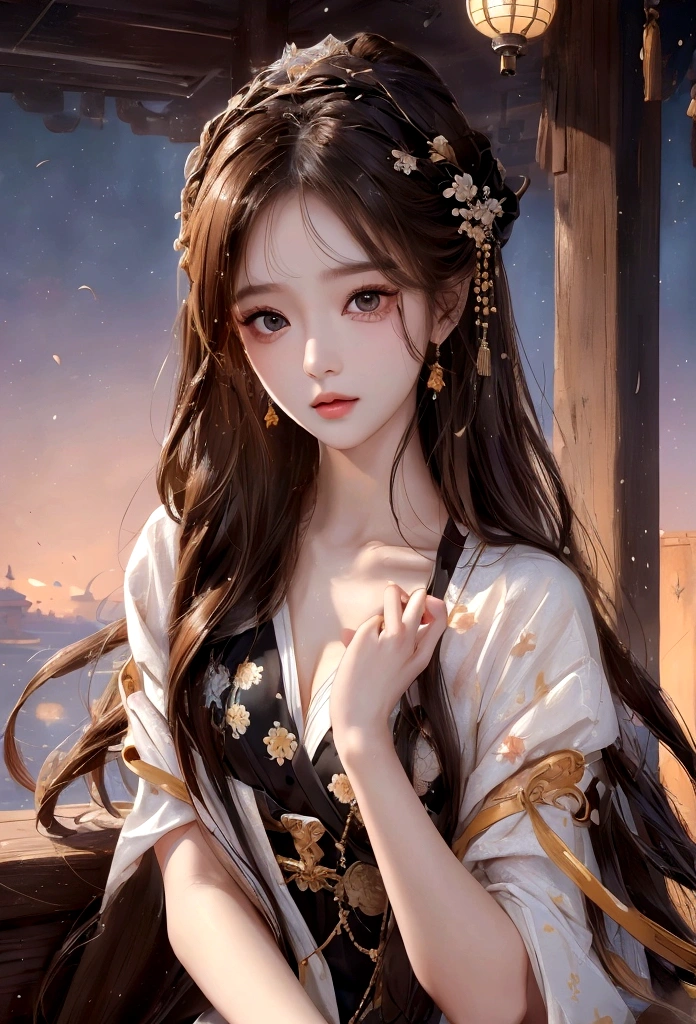 Best image quality、、masterpiece：1.3))、Realistic high-quality photos、Highest quality、 Beautiful face、Photos of slim models、Beautiful girl model、Young and pretty face、Beautiful model girl、A lovely and delicate face、Brown Hair、Beautiful brown eyes、Tear bags、Young Body、(Finely scattered splashes of color), (figure),(((1 Girl))),(Long Hair),(rain:0.9), (Headdress: 1.4), There is an ancient palace next to the girl., Hanfu, (emphasize),  ink painting, (Spattered colors), Spattered colors, (((colorful))), (sketch: 0.8), Tabletop, Highest quality, Beautifully drawn, verydetailedな,(Noise Reduction:0.6),[Splash Ink],((Ink Refraction)), (美しくdetailedな空),moon,very,detailed,(Tabletop, Highest quality, verydetailedな)、Small breasts、Exposed thighs
