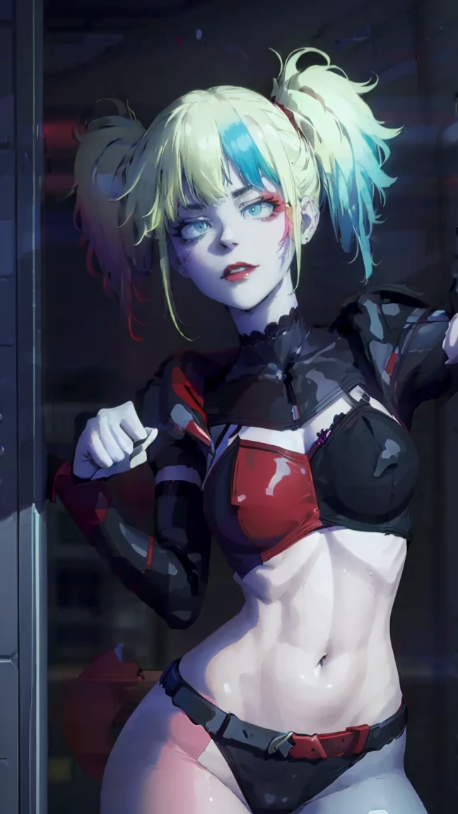 masterpiece, Best quality, Super detailed, illustration, beautiful detailed eyes, ((distant view, wide angle 1.31)), On the outside, young woman, Harley Quinn, intricate design, complex shaped lace tights, two hair tails (blue and red tail), sexual, Face to face, split, full length (full body 1.1.), very feminine, fighting stance, (masterpiece), magic photography, Spectacular lighting, Photorealism, ultra detailed, intimate portrait composition, 1. 4,8 k UHD, aesthetic, Cd., A high resolution, 8 k, better lighting, Best shade, Ultra-HD, A high resolution, sharp focus, Complex background, Cinematic lighting, ((Landscape view)), 4K block, (better lighting), ((Cinematic lighting)),