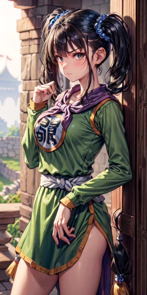 masterpiece, best quality, 4k, 8k, fighter (dq3), 1girl, solo, long hair, twintails, looking at viewer, black hair, hair ornament, long sleeves, dress, medium breasts, closed mouth, cowboy shot, black eyes, arm up, chinese clothes, hair bobbles, clenched hand, fighting stance, Ancient Castle, indoor