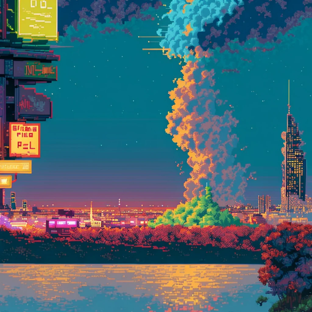 A vibrant pixel art cityscape at night, filled with towering skyscrapers, neon signs, and bustling streets. The city has an anime style with characters walking, flying cars, and holographic advertisements.