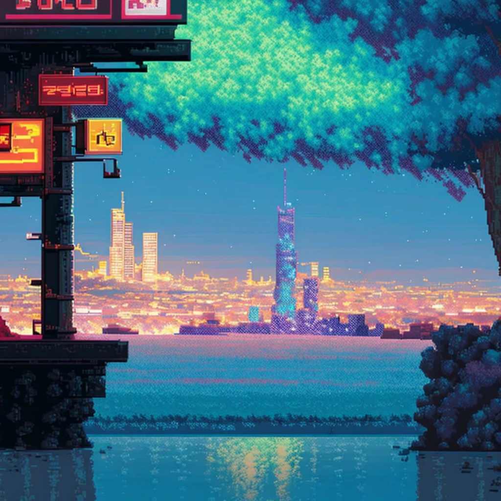A vibrant pixel art cityscape at night, filled with towering skyscrapers, neon signs, and bustling streets. The city has an anime style with characters walking, flying cars, and holographic advertisements.
