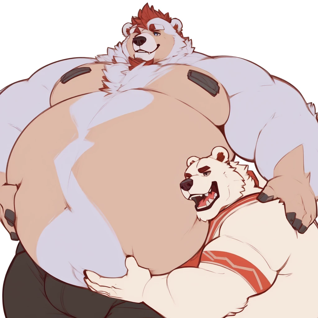 a man with a huge belly hugging a bear, fat ripped , thicc, lowres, giant and fat, danbooru and artstation, heavy detailed, insanely inflated hips, (sfw) safe for work, proportionally enormous arms, fluffy chest, commission for high res, detailed but rough, semirealistoc:1.3