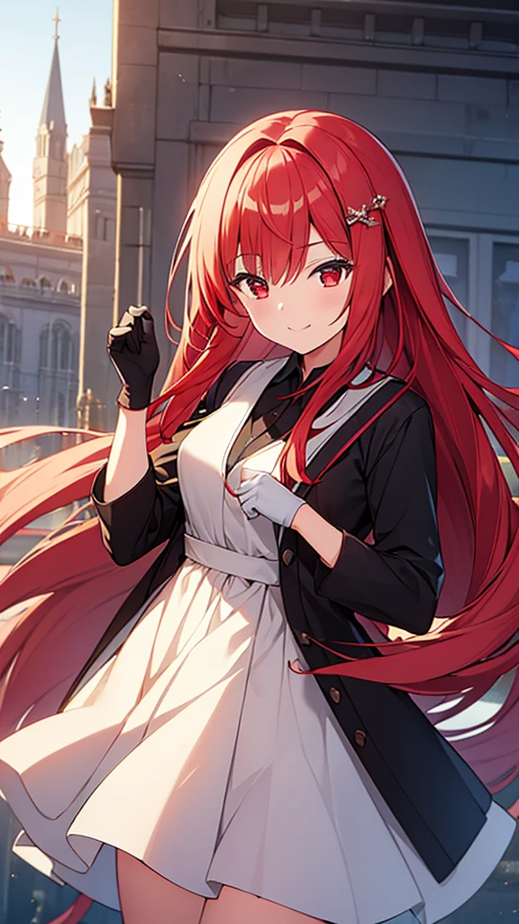((masterpiece,Highest quality)),8k wallpaper,One girl, Long Hair, Redhead, alone, dress, Red eyes, View your viewers, Long sleeve, Are standing, building, white dress, gloves, hair ornaments, Black jacket, smile, Floating Hair, Dutch Angle, Mouth closed, avert your eyes, Outdoor