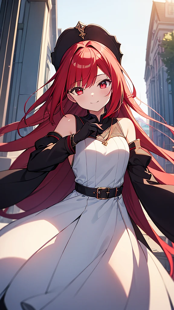 ((masterpiece,Highest quality)),8k wallpaper,One girl, Long Hair, Redhead, alone, dress, Red eyes, View your viewers, Long sleeve, Are standing, building, white dress, gloves, hair ornaments, Black jacket, smile, Floating Hair, Dutch Angle, Mouth closed, avert your eyes, Outdoor