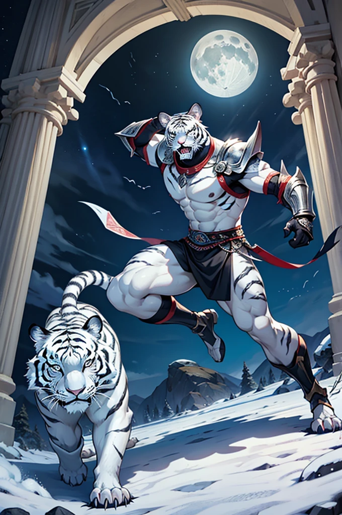 white tiger monster, muscular monster, Wearing traditional oriental silver leather armor. Roar and swing your sword, Full body showing, Moonlit night