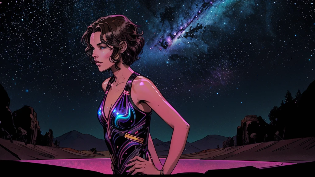 a cute, slender, aerobics instructor, very short brown hair, very short brown hair, very short brown hair, very short brown hair, very short brown hair, brown eyes, dimples, sexy pose; wearing a sheer gown, In a kaleidoscopic realm of swirling stardust and neon nebulae, her incandescent form outshines quasars, with obsidian tresses cascading down her silhouette. more neon psychedelic lighting, more neon psychedelic lighting, more neon psychedelic lighting,