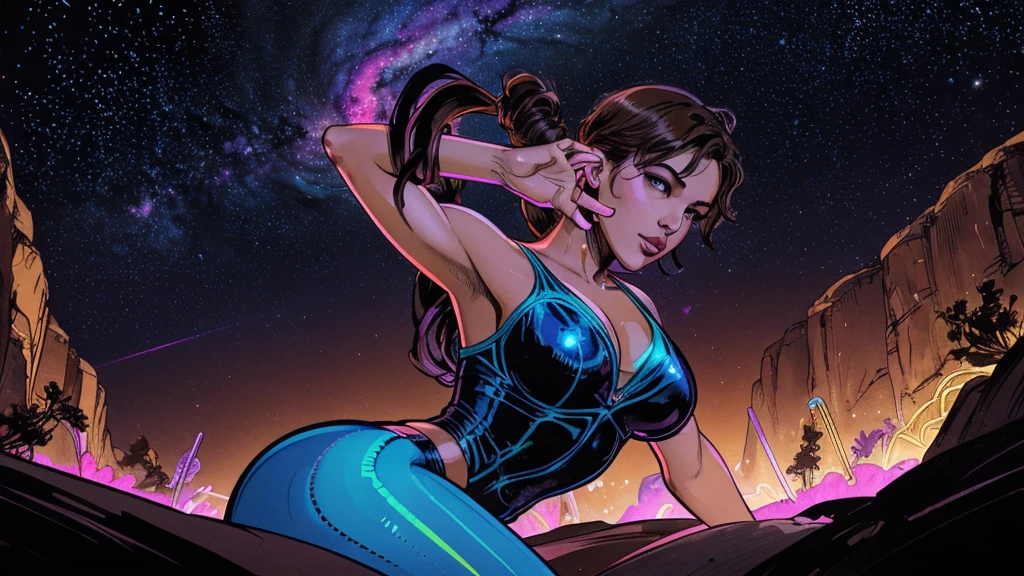 a cute, slender, aerobics instructor, very short brown hair, very short brown hair, very short brown hair, very short brown hair, very short brown hair, brown eyes, dimples, sexy pose; wearing a sheer gown, In a kaleidoscopic realm of swirling stardust and neon nebulae, her incandescent form outshines quasars, with obsidian tresses cascading down her silhouette. more neon psychedelic lighting, more neon psychedelic lighting, more neon psychedelic lighting,