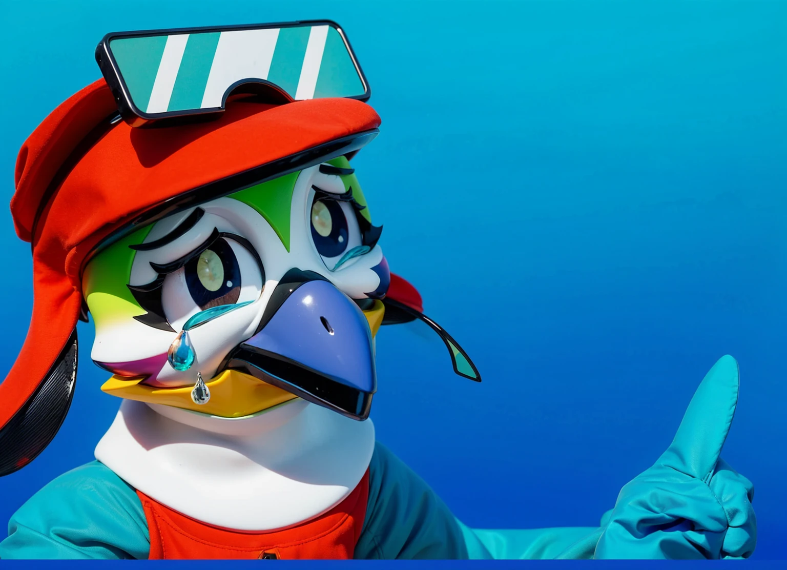 This image depicts a cartoon bird character against a gradient blue background. The bird has multicolored plumage with dominant green on its forehead, white on its neck, and a blue beak. It is wearing a red cap with a large visor and goggles with blue and white lenses, which are lifted onto its head. The bird's face shows large, expressive eyes with tears streaming down its cheeks, giving an impression of sadness or sorrow. The character is dressed in a red vest that contrasts with its blue wings. The emotional expression and colorful appearance of the bird add vibrancy and charm to the image.glossy cute