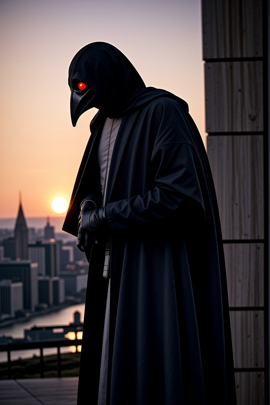 a man wearing modern military grade armor, gear belt full of gun magazines, a tattered hood over his head, wearing a plague doctor mask, a futuristic and hastily repaired semi-automatic rifle strapped over his back, a regular built body, wearing a messy black cloak, bandage wraps around his arms, in a dilapidated city, city profile, hyper-realistic, sunset, very detailed plague doctor mask over his face, standing amidst a sunset, cinematic side view, sunset in the background, bird-nosed plague doctor mask, beak-shaped mask, plague doctor,