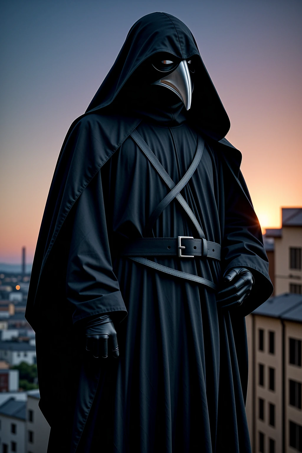 a man wearing modern military grade armor, gear belt full of gun magazines, a tattered hood over his head, wearing a plague doctor mask, a futuristic and hastily repaired semi-automatic rifle strapped over his back, a regular built body, wearing a messy black cloak, bandage wraps around his arms, in a dilapidated city, city profile, hyper-realistic, sunset, very detailed plague doctor mask over his face, standing amidst a sunset, cinematic side view, sunset in the background, bird-nosed plague doctor mask, beak-shaped mask, plague doctor,