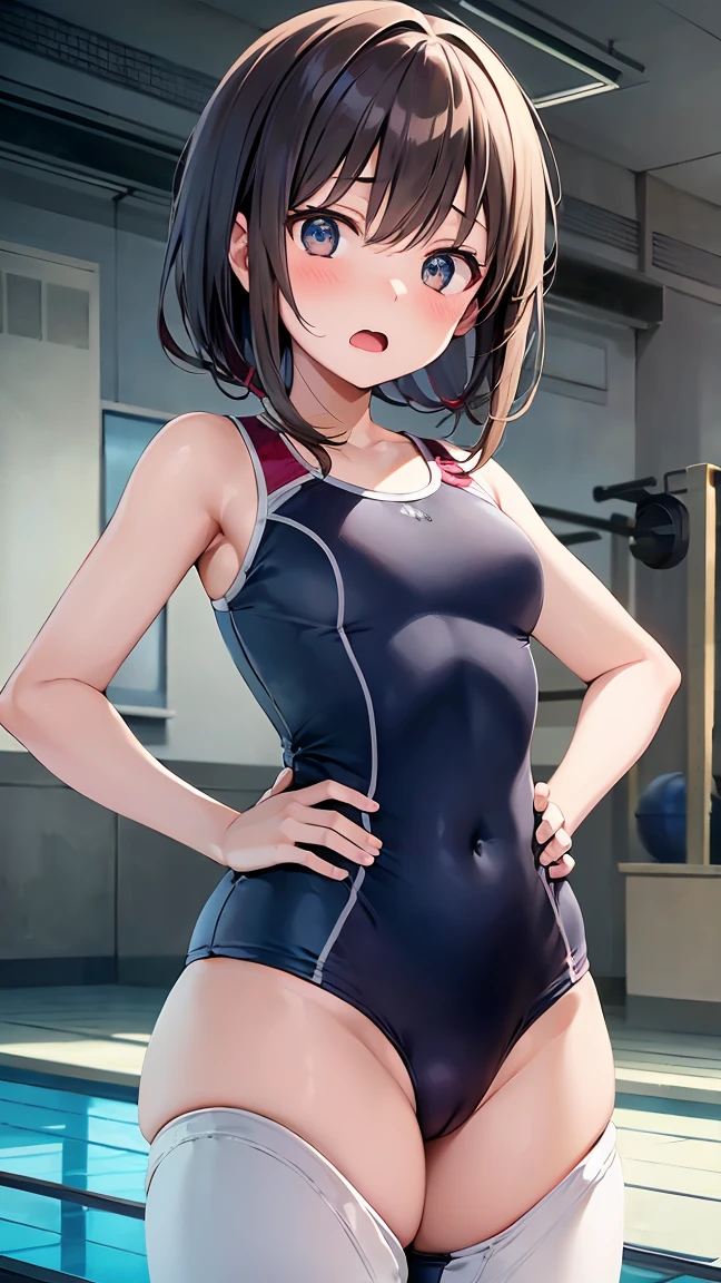 An active 18-year-old girl、Wearing a competitive swimsuit、Mouth open with a surprised expression、Standing with hands on hips、Realistically painted under a brightly lit pool、High resolution images。(padding gymnasium:1.5)