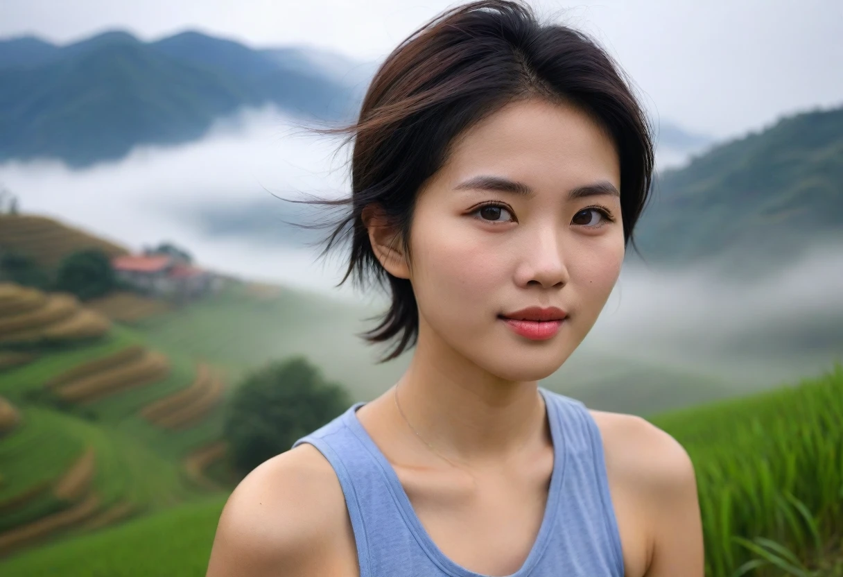 Beautiful Korean Woman, Chest size 34 inches, Sleeveless casual pants, Foggy scenery of Sapa, Vietnam, A terraced rice field is visible, short medium hair, Taken from a distance with a wide angle lens, Realistic living landscape, Front photo facing the camera, best picture quality, Short medium hair blowing in the wind, slight smiling, A thick fog obscures the front