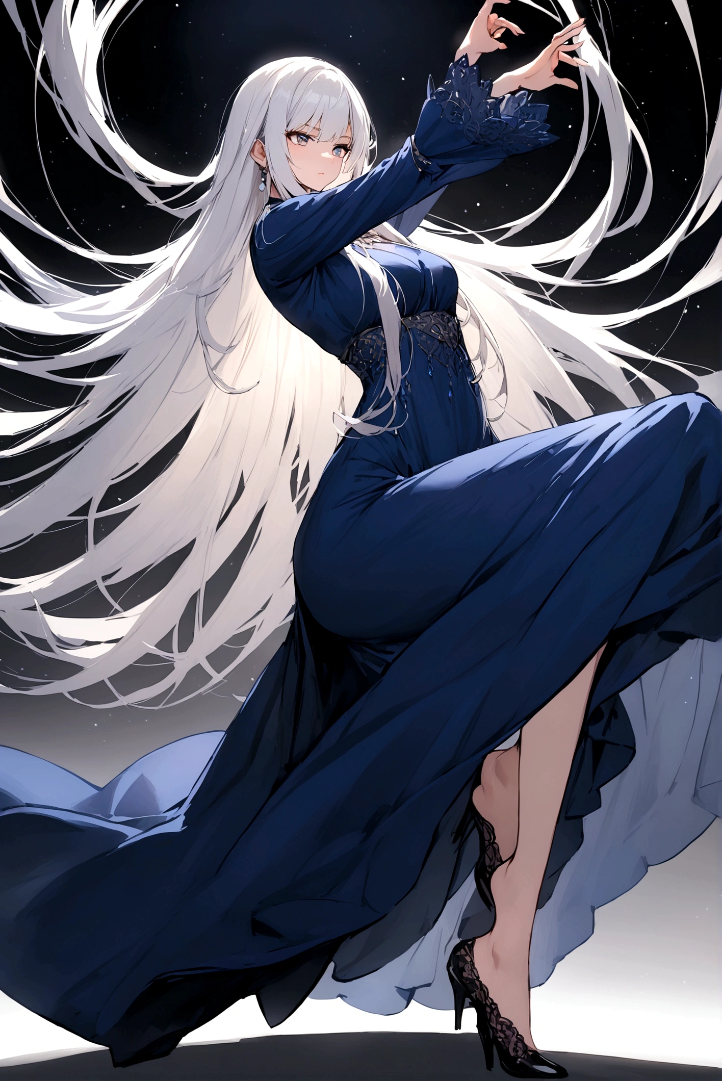 (hd high quality) Woman, pose, fully body, long hair, Black cap, dynamic pose, long robe, blue dress, White hair,
