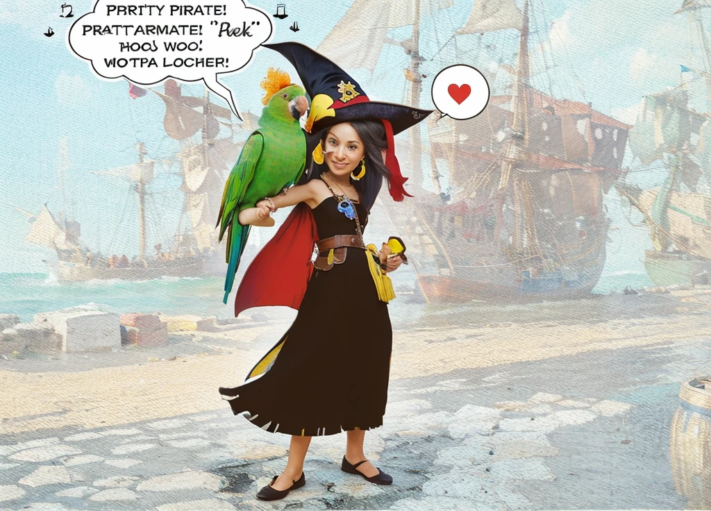 Parrot sits on Pirate witch arm at old seaport 