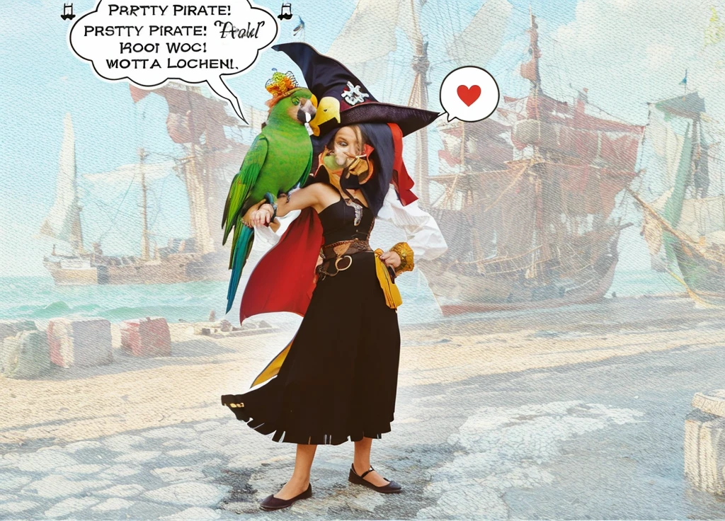 Parrot sits on Pirate witch arm at old seaport