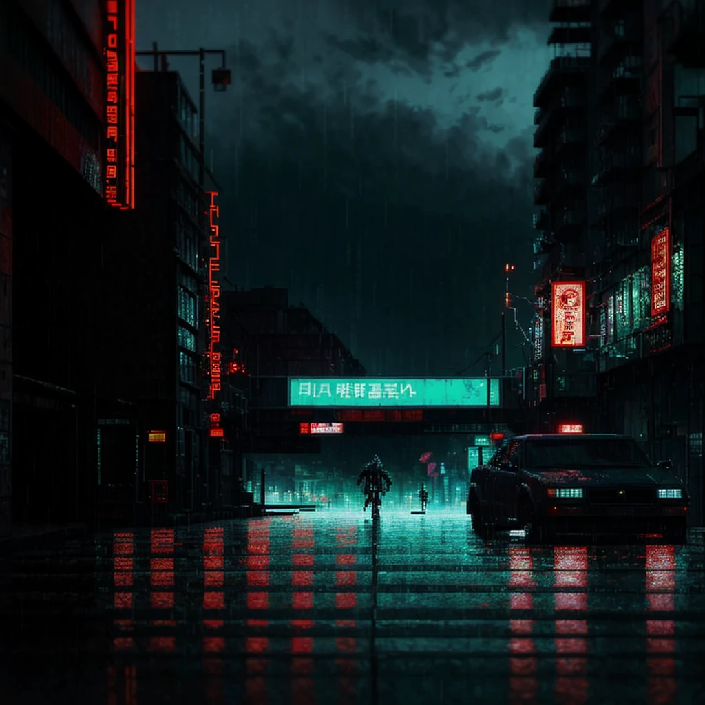 A dark and moody pixel art cyberpunk city with rain-soaked streets, glowing billboards, and shadowy alleys. The scene includes anime-style characters with cybernetic enhancements and futuristic vehicles.