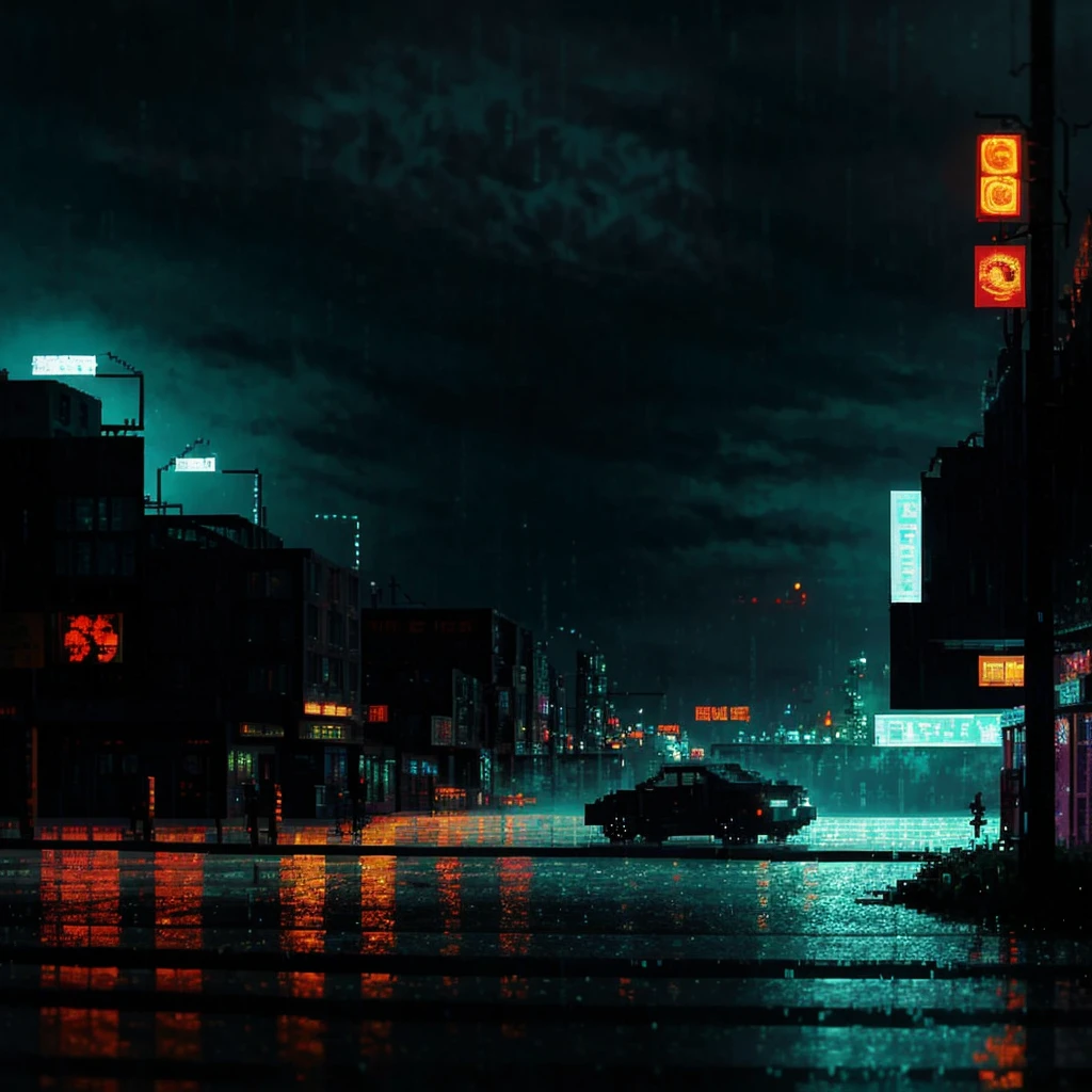 A dark and moody pixel art cyberpunk city with rain-soaked streets, glowing billboards, and shadowy alleys. The scene includes anime-style characters with cybernetic enhancements and futuristic vehicles.
