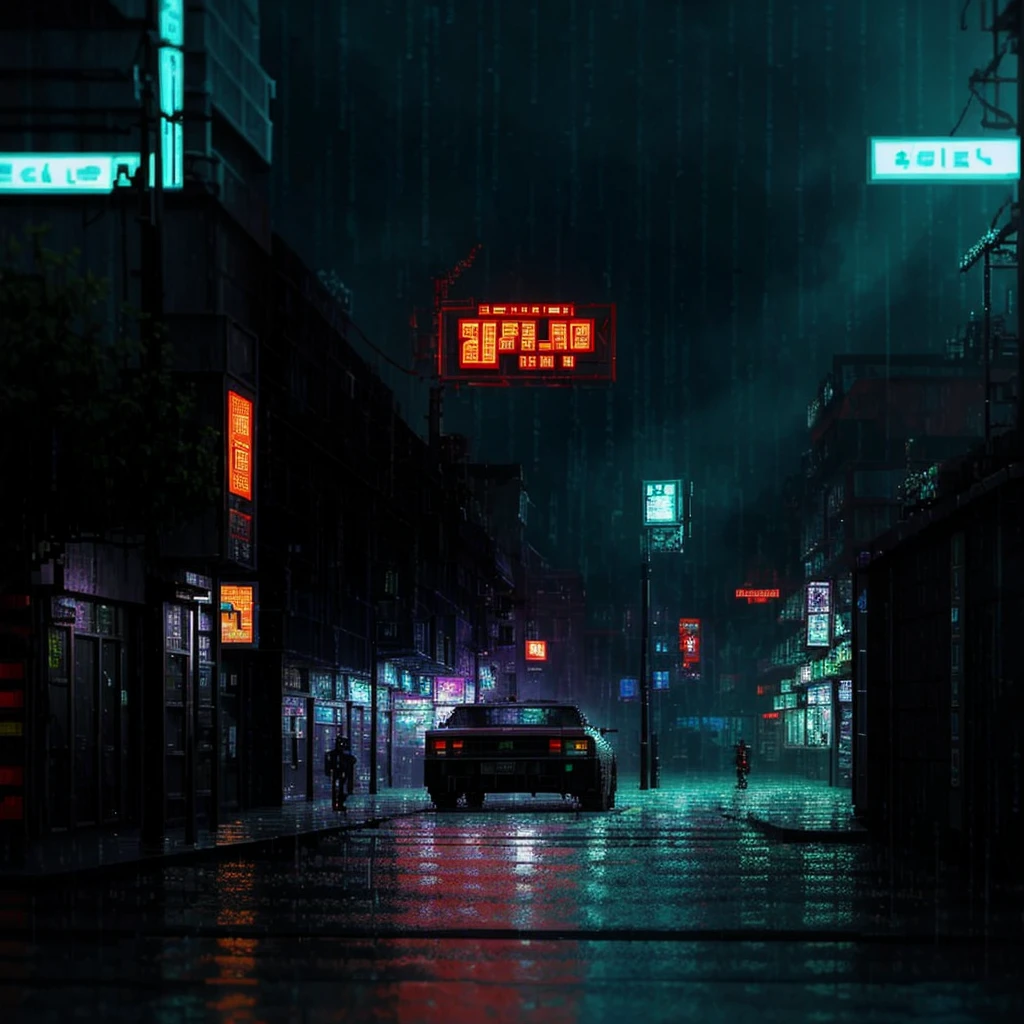 A dark and moody pixel art cyberpunk city with rain-soaked streets, glowing billboards, and shadowy alleys. The scene includes anime-style characters with cybernetic enhancements and futuristic vehicles.