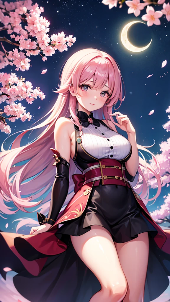 high resolution,girl,Cherry Blossoms at Night,Starry Sky,moon
