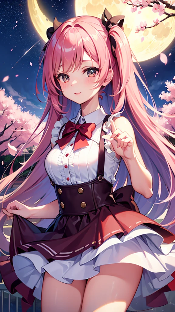 high resolution,girl,Cherry Blossoms at Night,Starry Sky,moon