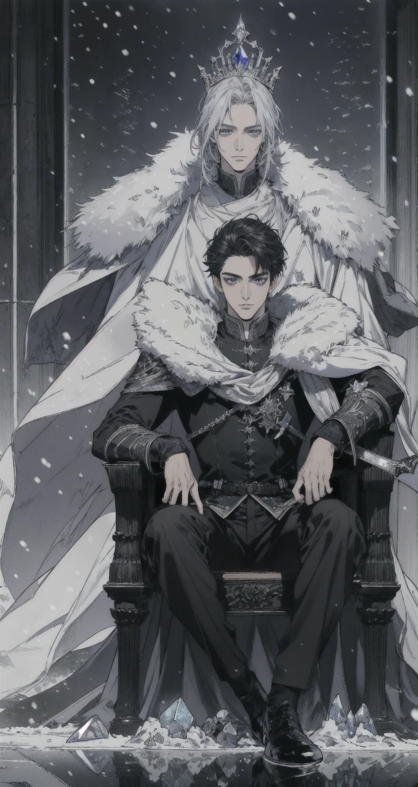 ((Masterpiece)),((best quality)),((Highly detailed)),((realistic,)) Very detailed), (Masterpiece), (best quality), (วอลล์เปเปอร์ 8k ที่มีรายVery detailed),Masterpiece,best quality,มีรายVery detailed,complicated,1 man,handsome faceสมบูรณ์แบบ,muscular man,detailed face,mischievous face,blue eyes,Open your eyes.,reflection of the eyes,Open your eyes., look at viewer,Manly,short hair|Black hair, black prince outfit,(Shining Crystal Throne),dynamic poses,Dramatic angle,movie light,surrounded by snow, Masterpiece,Very detailed,Sitting on the big ice throne, (white throne),Holding a large sword., Fantasy, Realistic photos, hyperrealism, Highly detailed, movie light, man wearing black armor,long black fur shawl,black veil,black veil,Face details, sharp details,black slender eyebrows,handsome face, short hairสีดำ, blue eyes,have muscles, handsome faceเหลา, Sit on the throne., white ice power, snow power, The surrounding white snow scene