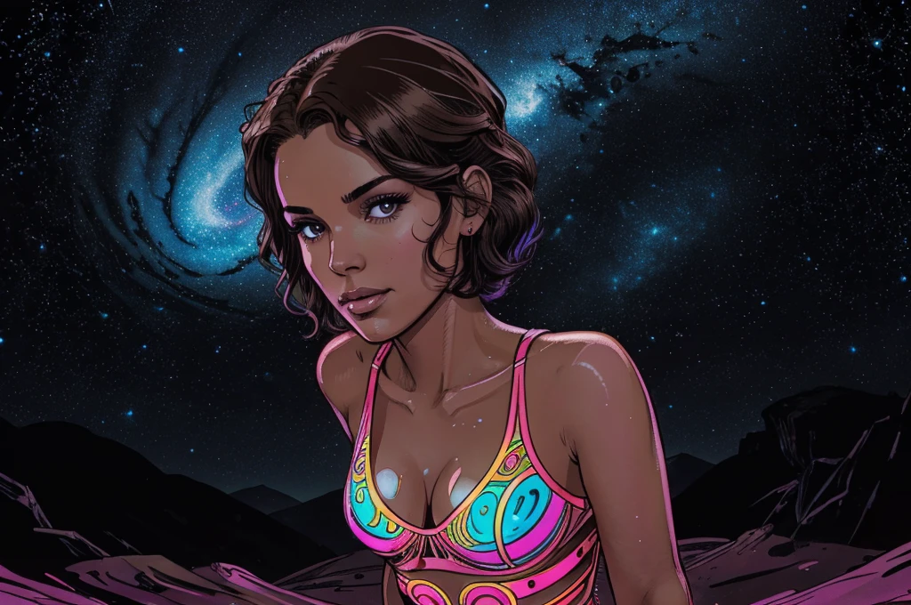 a cute, slender, aerobics instructor, very short brown hair, very short brown hair, very short brown hair, very short brown hair, very short brown hair, brown eyes, dimples, sexy pose; wearing a sheer gown, In a kaleidoscopic realm of swirling stardust and neon nebulae, her incandescent form outshines quasars, with obsidian tresses cascading down her silhouette. more neon psychedelic lighting, more neon psychedelic lighting, more neon psychedelic lighting, 