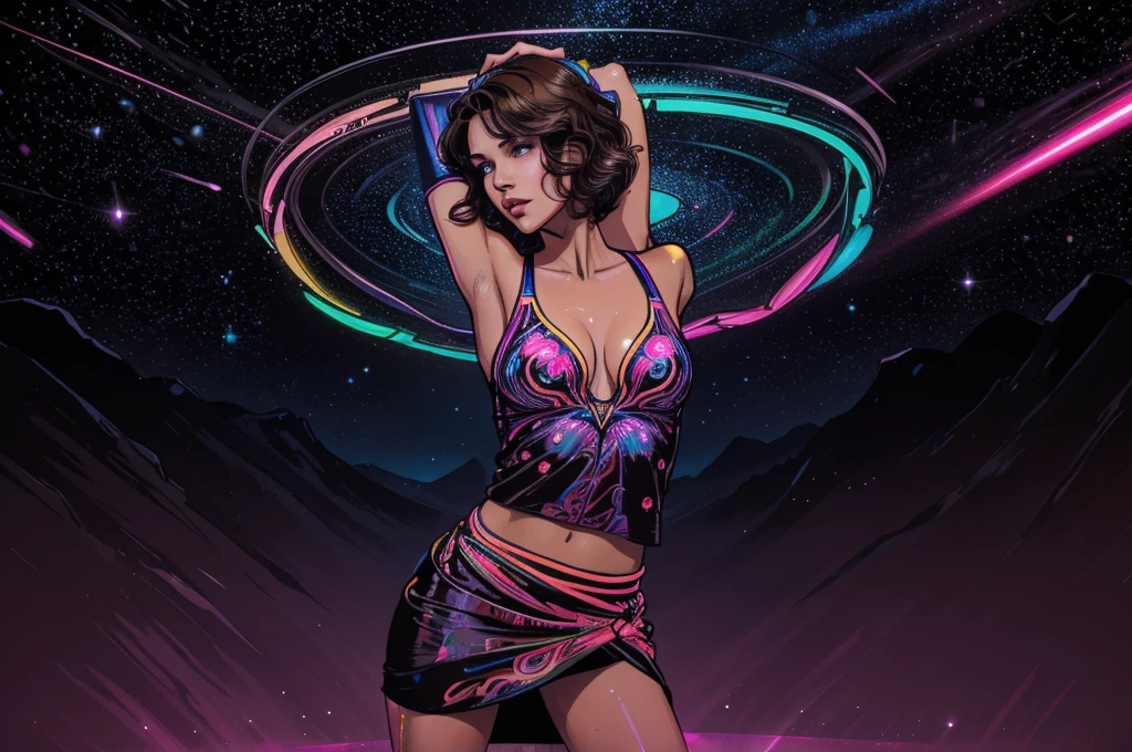 a cute, slender, aerobics instructor, very short brown hair, very short brown hair, very short brown hair, very short brown hair, very short brown hair, brown eyes, dimples, sexy pose; wearing a sheer gown, In a kaleidoscopic realm of swirling stardust and neon nebulae, her incandescent form outshines quasars, with obsidian tresses cascading down her silhouette. more neon psychedelic lighting, more neon psychedelic lighting, more neon psychedelic lighting, 