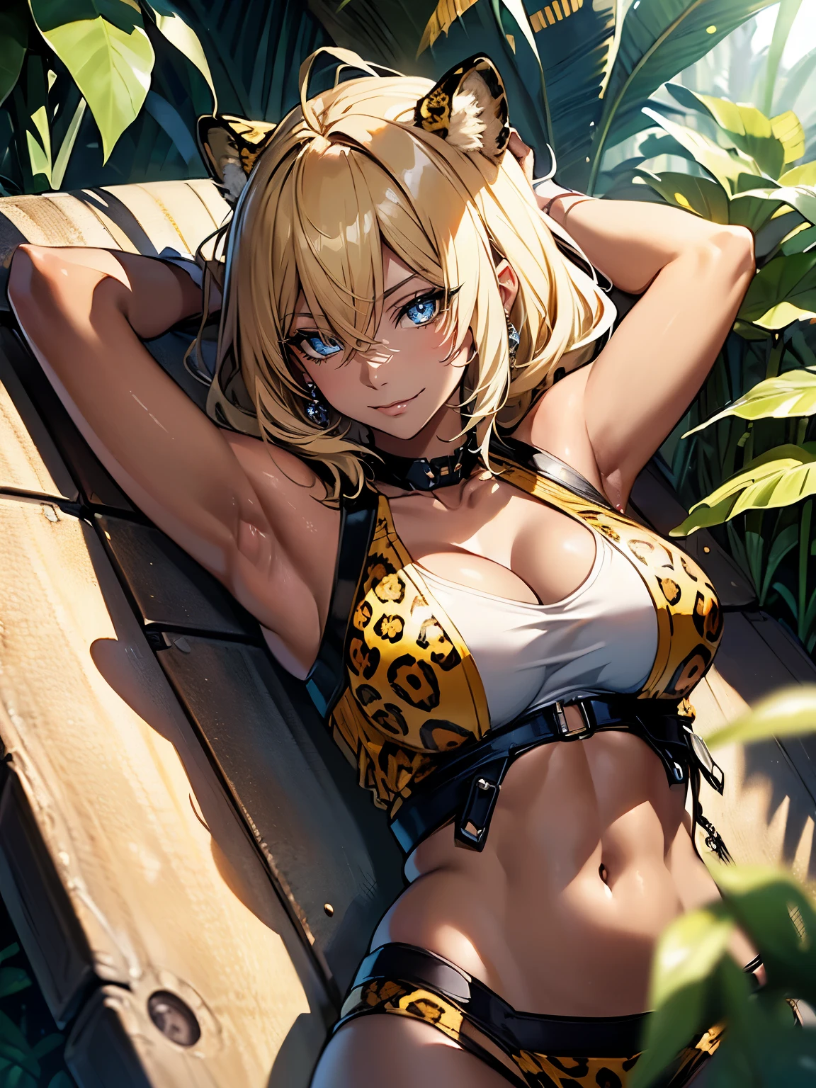 ((Seductive Anime lady:1.3, solo:1.5))、((fusion of leopard and lady:1.4))、((Lie on your back:1.4))、((yellow color, thong1.2))、((wedgie))、((dark skin))、blonde hair、((looking up at viewer:1.2))、((from above:1.2))、((Being in jungle:1.3))、erect nipples、((crop top navel:1.2))、((cleavage))、((Slender body))、((sleeveless:1.2))、((collarbone))、((Glossy realistic skin texture))、((shiny skin))、masterpiece, ultra-detailliert, 8k, hiquality, Top image quality, Smooth texture、watercolor