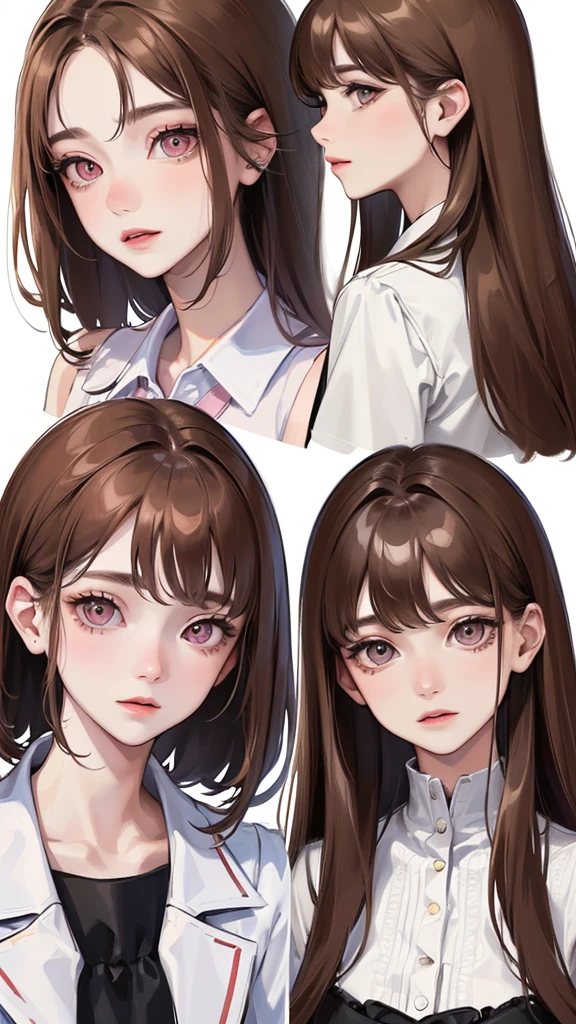 (Top resolution、Distinct_image)top-quality、femele、​masterpiece、highly detailed、Semi-realistic、pink  eyes、18year old、young、smart Casual clothing、Exquisite facial features、Facial features、unique hairstyle, variations, potrait, white background,   light brown hair