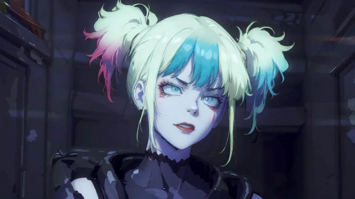 masterpiece, Best quality, Super detailed, illustration, beautiful detailed eyes, ((distant view, wide angle 1.31)), On the outside, young woman, Harley Quinn, intricate design, complex shaped lace tights, two hair tails (blue and red tail), sexual, Face to face, split, full length (full body 1.1.), very feminine, fighting stance, (masterpiece), magic photography, Spectacular lighting, Photorealism, ultra detailed, intimate portrait composition, 1. 4,8 k UHD, aesthetic, Cd., A high resolution, 8 k, better lighting, Best shade, Ultra-HD, A high resolution, sharp focus, Complex background, Cinematic lighting, ((Landscape view)), 4K block, (better lighting), ((Cinematic lighting)),