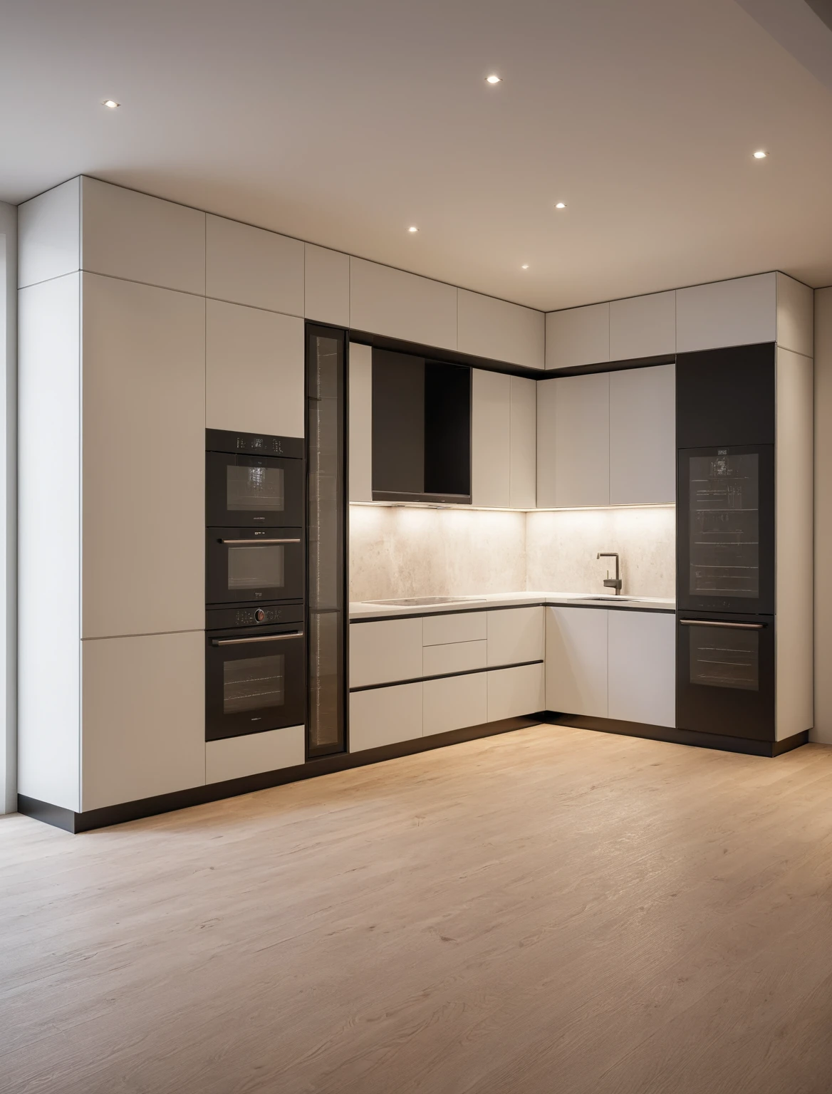 Raw photo,Masterpiece, high quality, best quality, authentic, super detail, interior , sunset, daylight, Kitchen Cabinets style minimalist, Induction cooker, sink, faucet, oven, built-in microwave, wooden floor, hood, wine cabinet,