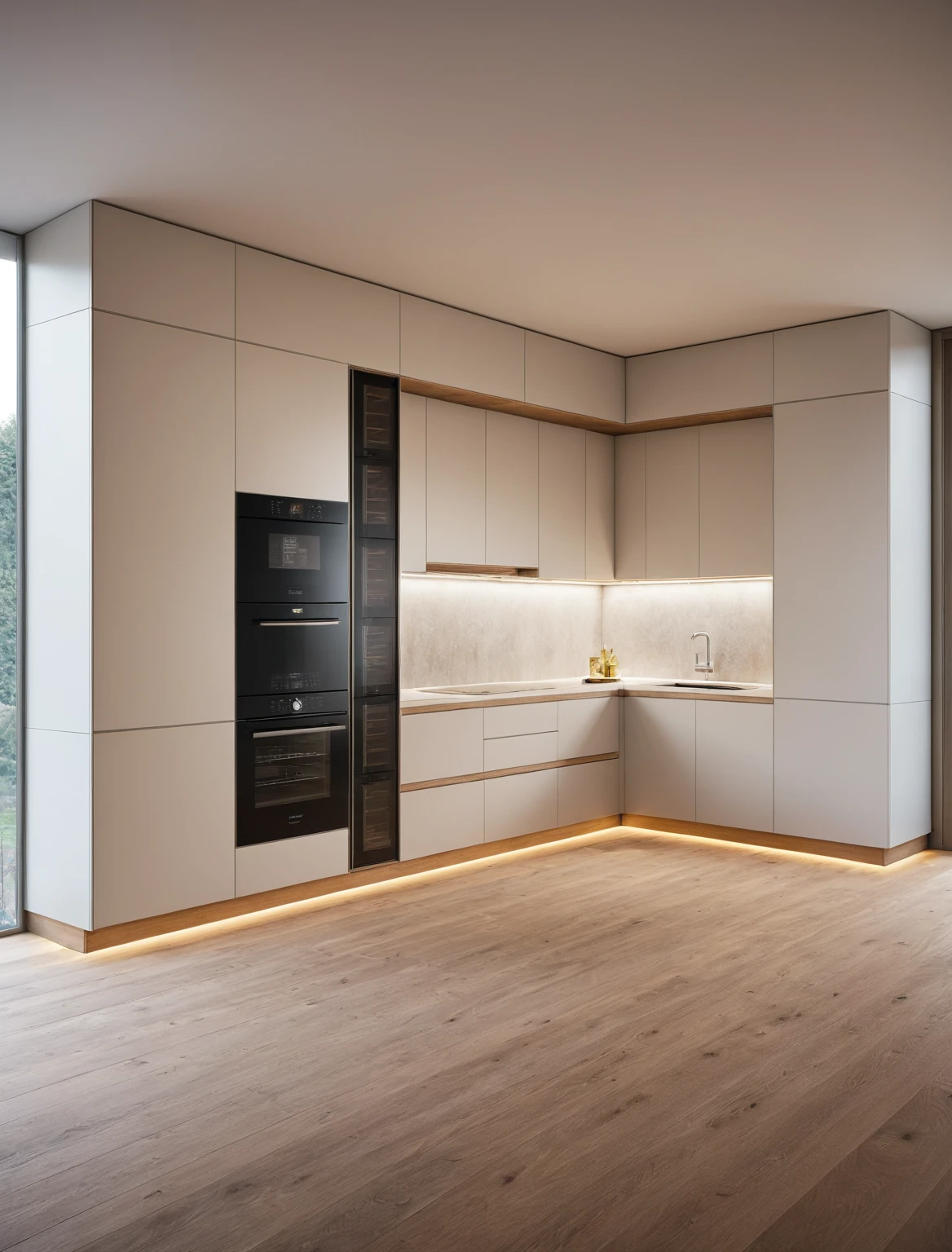 Raw photo,Masterpiece, high quality, best quality, authentic, super detail, interior , sunset, daylight, Kitchen Cabinets style minimalist, Induction cooker, sink, faucet, oven, built-in microwave, wooden floor, hood, wine cabinet,