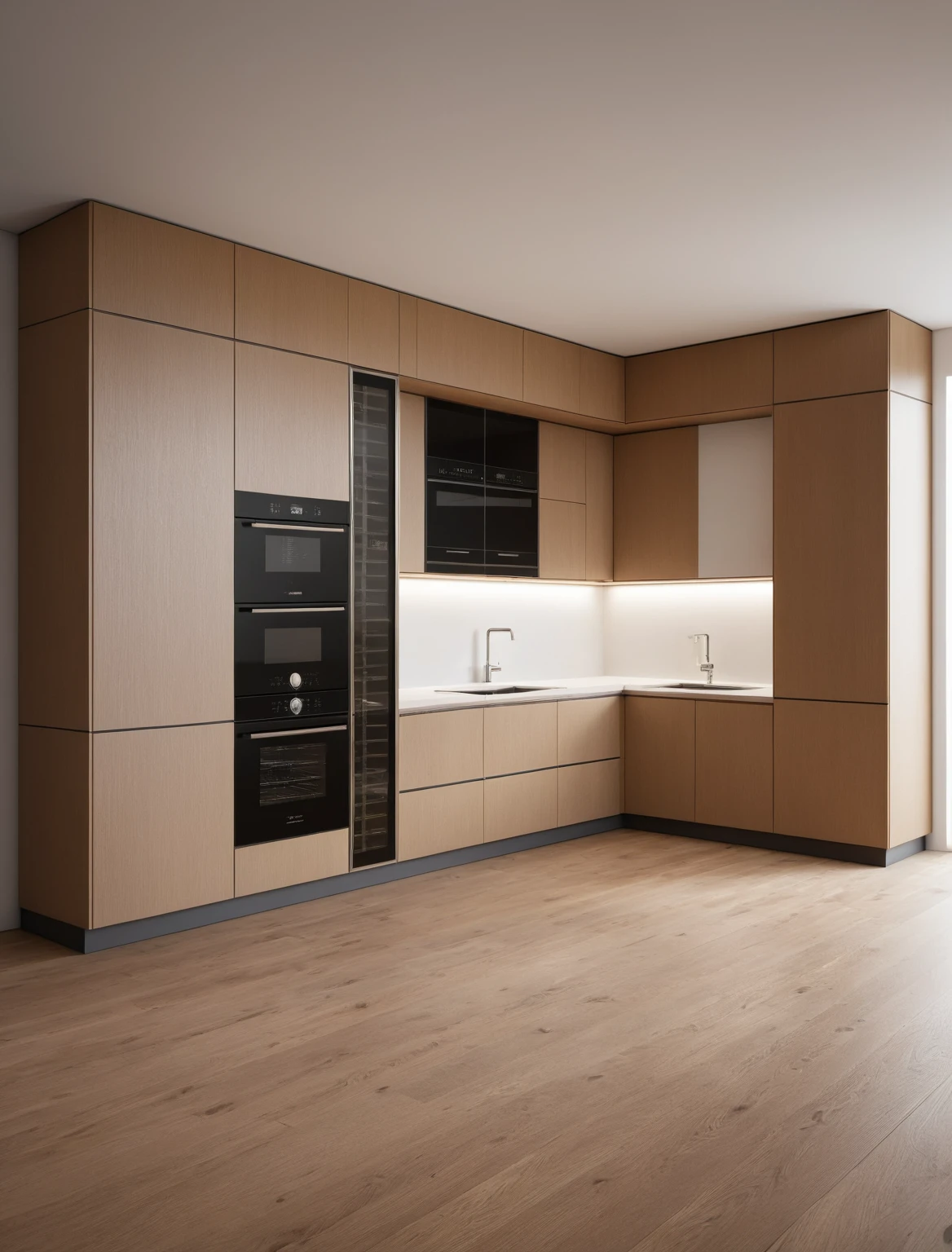 Raw photo,Masterpiece, high quality, best quality, authentic, super detail, interior , sunset, daylight, Kitchen Cabinets style minimalist, Induction cooker, sink, faucet, oven, built-in microwave, wooden floor, hood, wine cabinet,